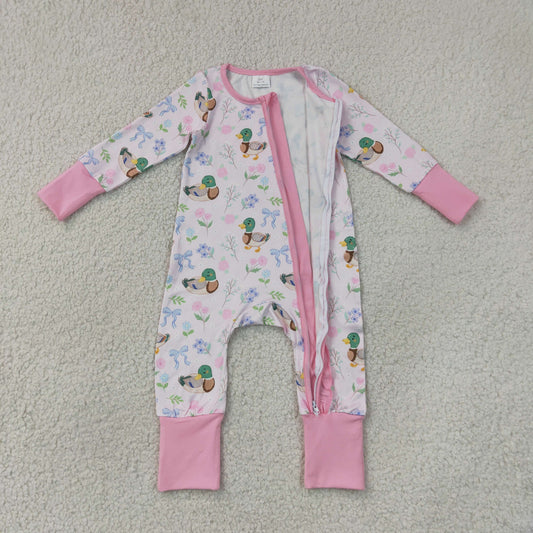 Baby Girls Kids Ducks Flower Bows Pink Ruffle Zipper Footie Sleeper Romper