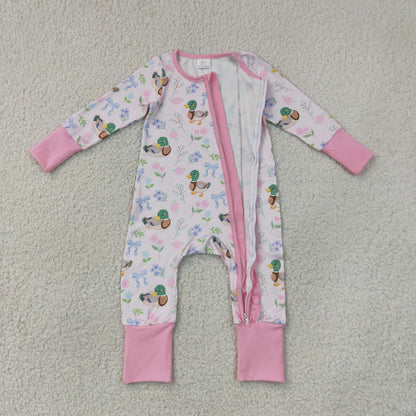 Sibling Baby Girls Kids Ducks Flower Bows Zipper Romper Pockets Set Clothes RTS