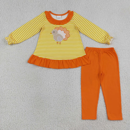 Baby Girls Kids Embroidery turkey Stripes Tunic Orange Pants Set Fall Clothes