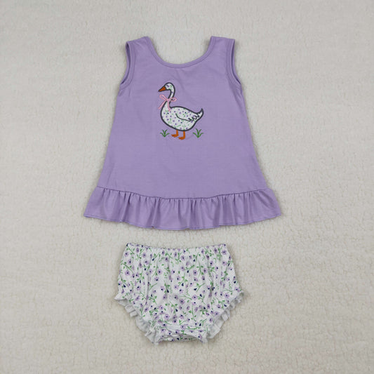 RTS Baby Girls Kids Sleeveless Embroidery Goose Purple Tops Floral Bummie Shorts Set