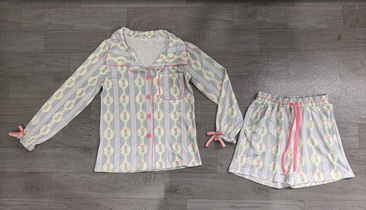 No moq Preorder Adult Women Long Sleeves Christmas Tree Bows Buttons Tops Shorts Pajamas Blue Set