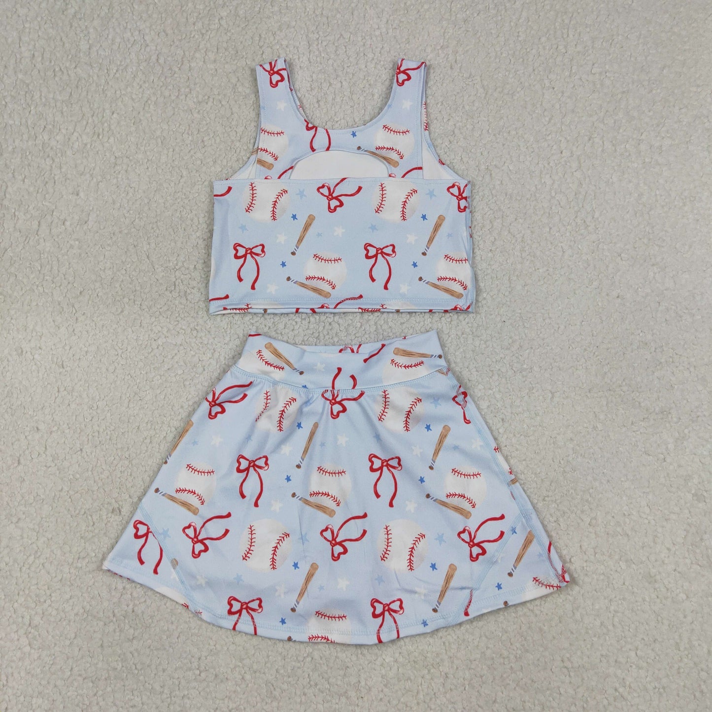 Baby Girls Kids Baseball Bows Tops Blue Skirt Shorts Yoga Summer Set