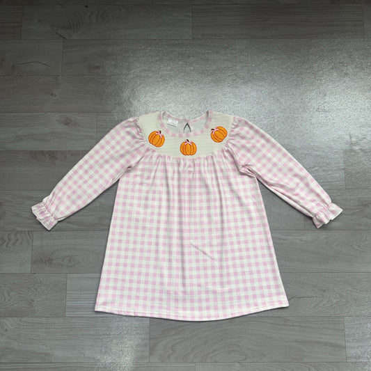 No moq Preorder Baby Girls Kids Embroidery Pumpkins Bows Plaid Knee Length Dress Fall Clothes