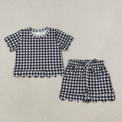 Sibling Baby Girls Kids Short Sleeves Plaid Shirts Scallop Shorts Sets Summer Clothes