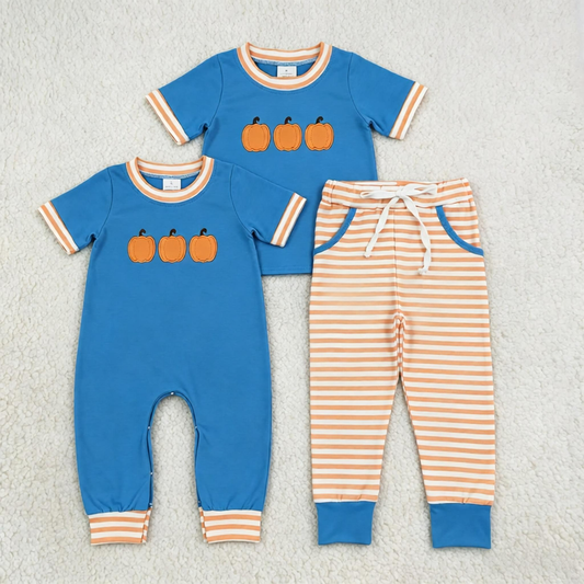 Sibling Baby Boys Kids Embroidery Pumpkins Romper Thanksgiving Set Blue Clothes