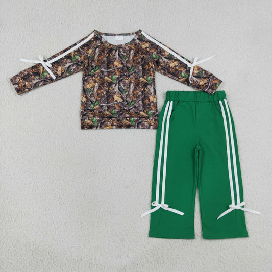 Baby Girls Kids Bows Long Sleeves Camo Shirt Green Pockets Pants Set Clothes