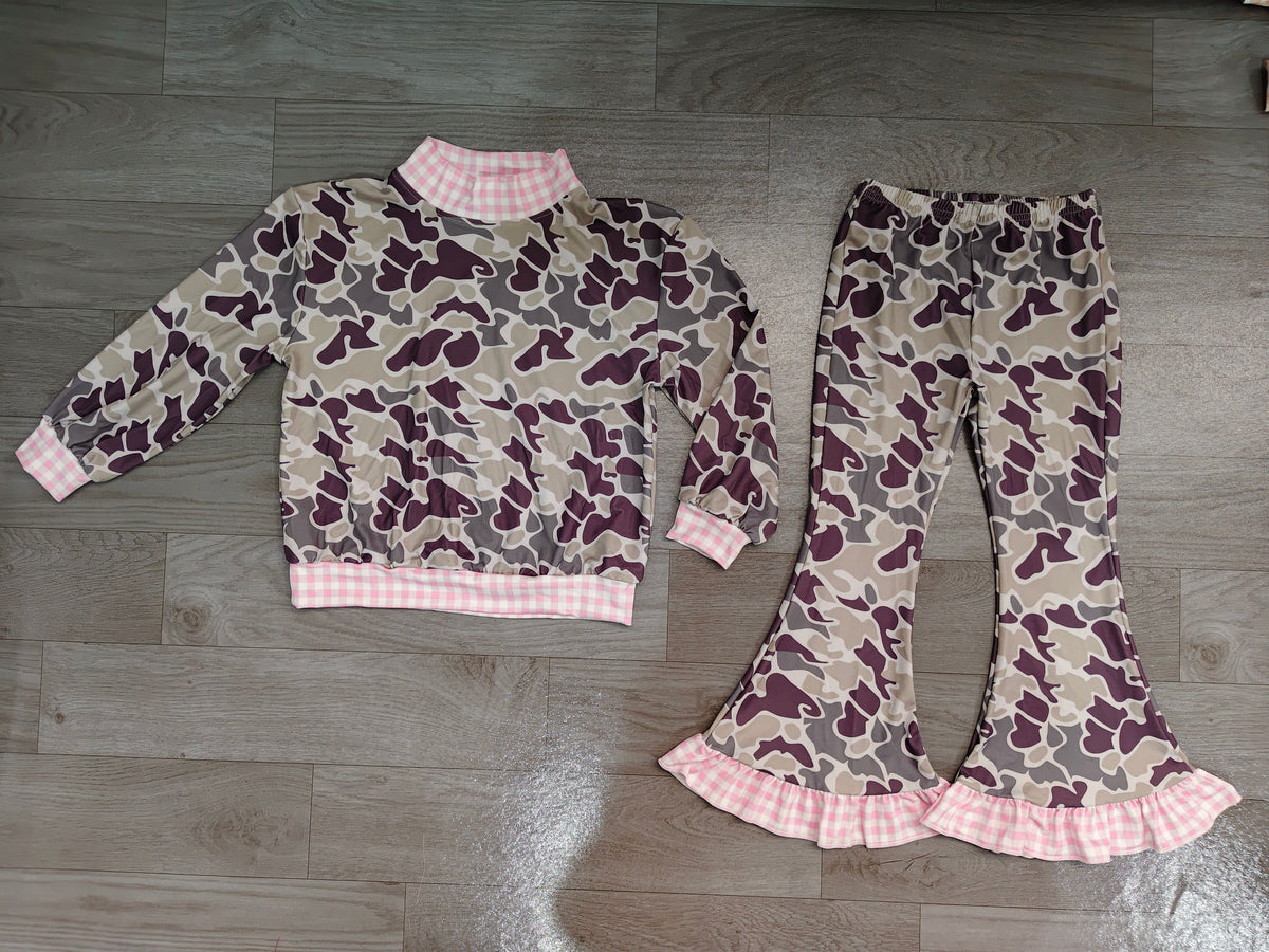 No moq Preorder Baby Girls Kids Plaid Pullover Dark Grey Camo Bell Pants Set Clothes