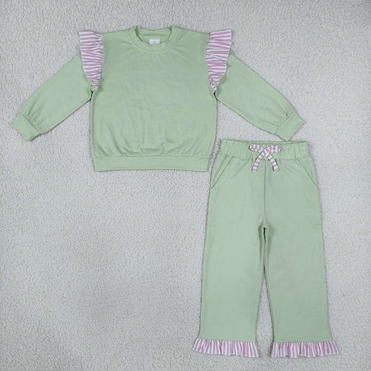 Baby Girls Kids Long Sleeves Tops Pockets Pants Cotton Set Light Green Clothes