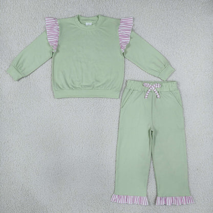 Sibling Baby Girls Kids Long Sleeves Shirts Pockets Shorts Pants Cotton Green Sets Clothes