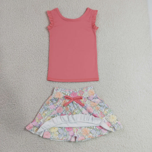 Baby Girls Kids Sleeveless Pink Tops Flower Pockets Scallop Skirt Shorts Yoga Clothes Set