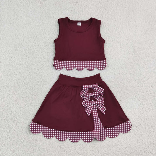 Baby Girls Kids Dark Red Vest Plaid Bows Scallop Bows Skirt Shorts Yoga Active Set Clothes