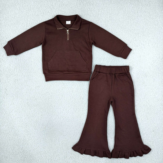 Baby Girls Kids Long Sleeves Dark Brown Zipper Shirt Pockets Pants Set Sweatsuit‌ Cotton Clothes