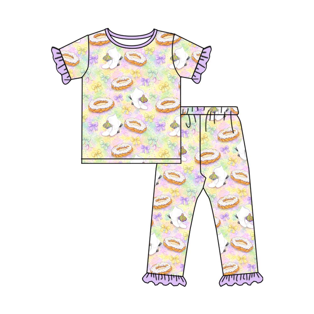 Moq 5 Preorder Baby Girls Kids Donuts Bows Boots Mardi Gras Shirt Pants Pajamas Set Clothes