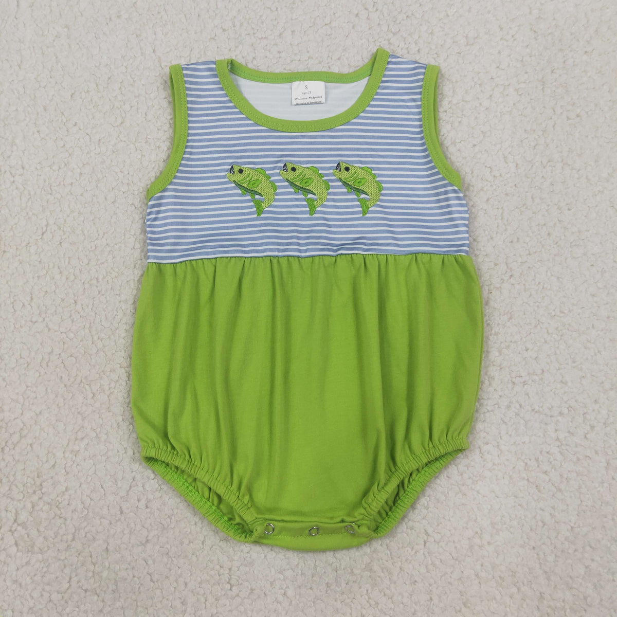 Baby Boys Infant Embroidery Fish Stripes Green Bubble Romper Clothes