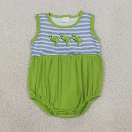Baby Boys Infant Embroidery Fish Stripes Green Bubble Romper Clothes
