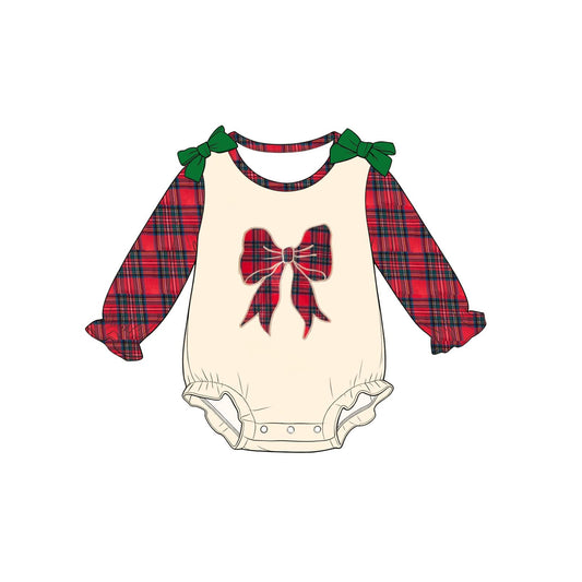 Moq 5 Preorder Baby Girls Infant Long Sleeves Plaid Bow Christmas Bubble Romper Clothes
