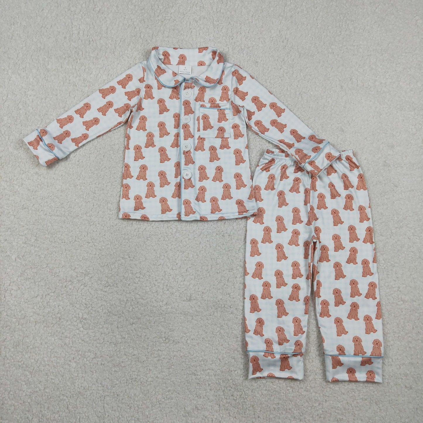 RTS Baby Boys Kids Long Sleeves Dogs Buttons Pocket Shirt Blue Paid Pants Pajamas Set
