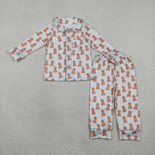 RTS Baby Boys Kids Long Sleeves Dogs Buttons Pocket Shirt Blue Paid Pants Pajamas Set