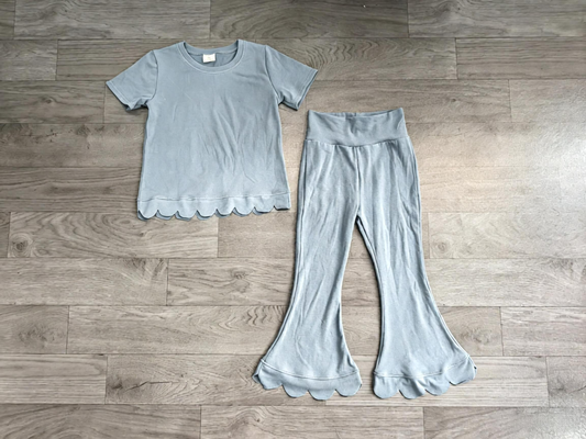 No moq  Preorder Baby Girls Kids Short Sleeves Blue Shirt Pants Scallop Set Clothes