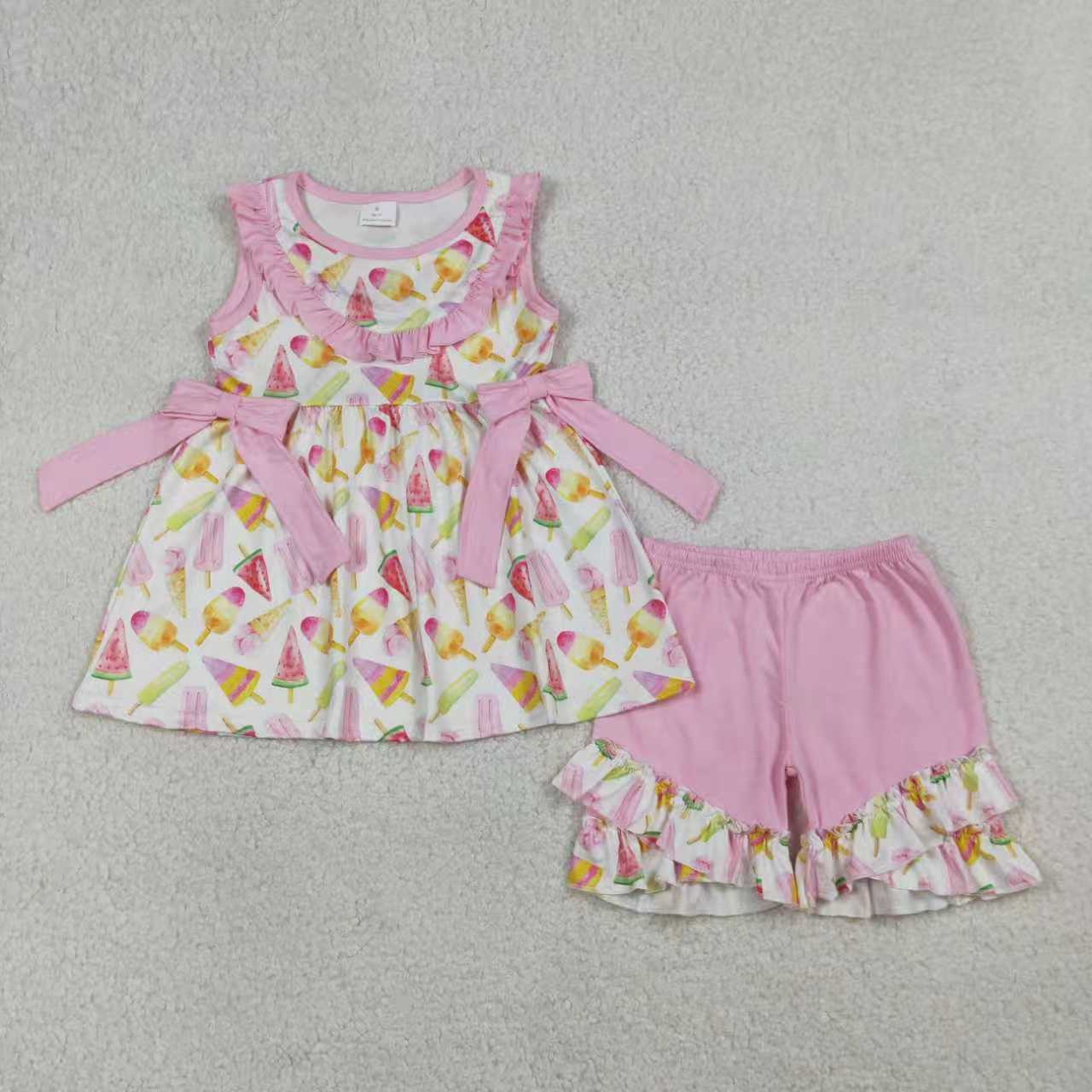RTS Sibling Baby Girls Sleeveless Popsicles Pink Bows Summer Knee Length Dress Set