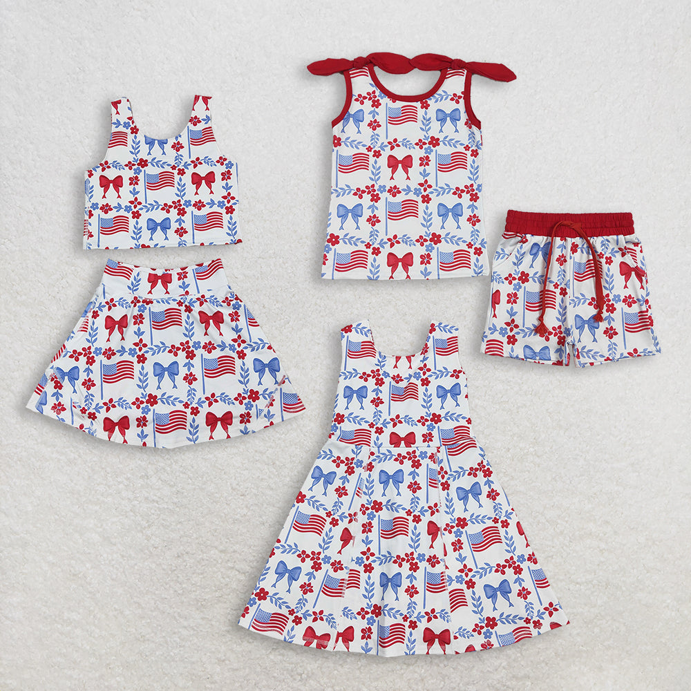 RTR Sibling Baby Girls Kids Sleeveless Flags Bows Flower Shorts Dress Sets 4th of July Clothes