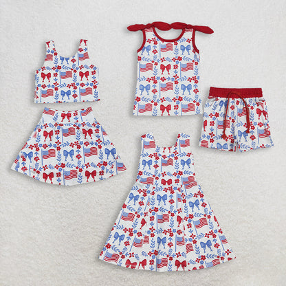 RTR Sibling Baby Girls Kids Sleeveless Flags Bows Flower Shorts Dress Sets 4th of July Clothes