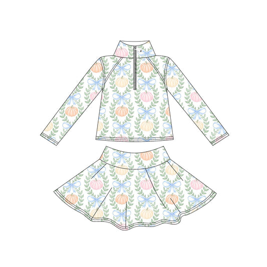 Preorder ( Moq 5 ) Baby Girls Kids Pumpkins Bows Zipper Shirt Skirt Shorts Yoga Active Set Fall Clothes