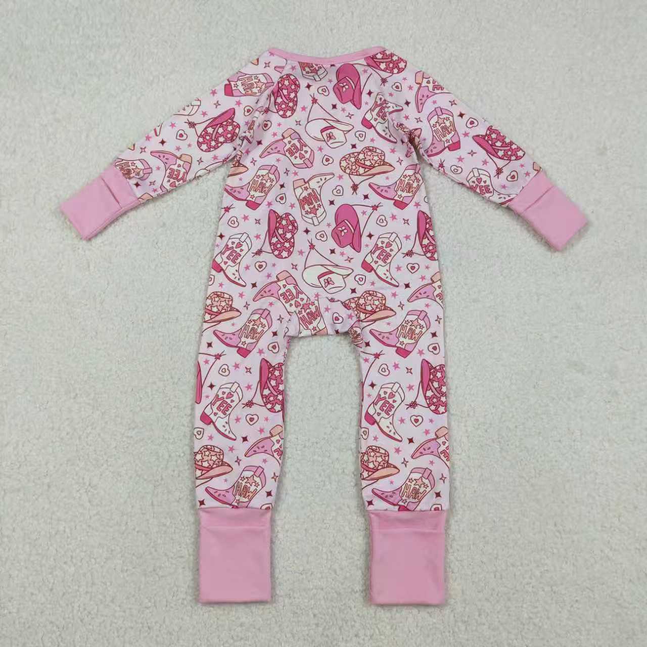 Sibling Baby Girls Long Sleeves Hats Boots Hearts Valentine Pink Zipper Footie Romper Pajamas Set
