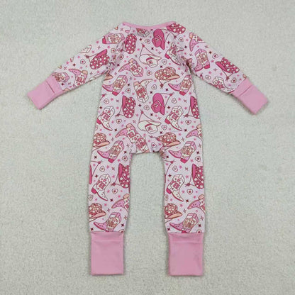 Sibling Baby Girls Long Sleeves Hats Boots Hearts Valentine Pink Zipper Footie Romper Pajamas Set