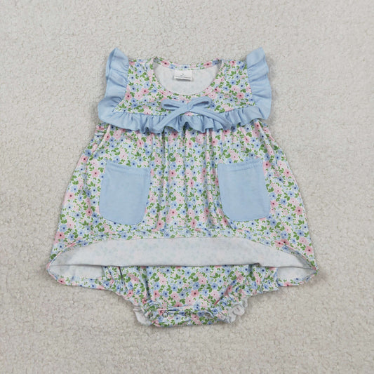 RTS Baby Girls Infant Floral Blue Pockets Bummie Ruffle Romper