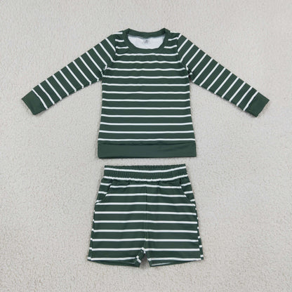 Baby Girls Kids Long Sleeves Green Stripes Shirt Pockets Shorts Set Yoga Active Clothes