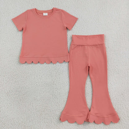 Sibling Baby Girls Kids Short Sleeves Shirts Bell Pants Scallop Cotton Sets Clothes