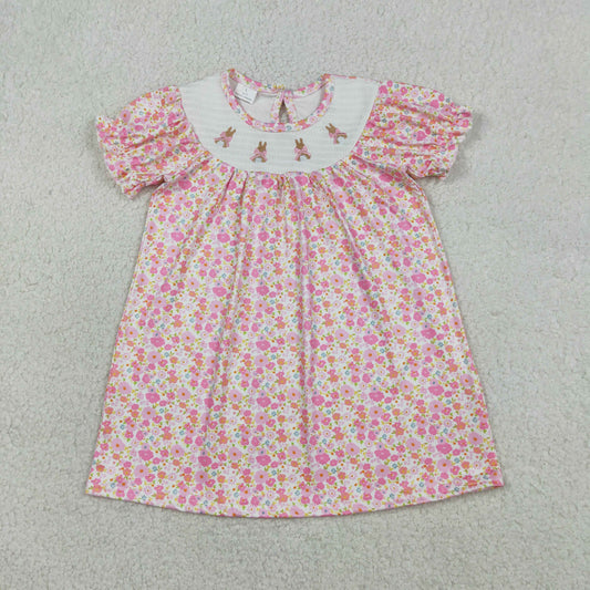 RTS Baby Girls Embroidery Smocked Rabbits Bows Floral Easter Pink Knee Length Dress
