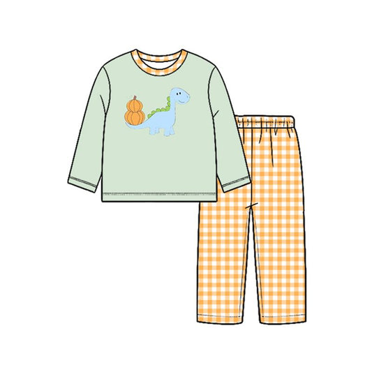 Moq 5 Preorder Baby Boy Kids Pumpkins Dinosaur Shirt Plaid Pants Thanksgiving Set Clothes