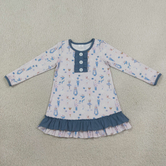 Baby Girls Kids Long Sleeves Christmas Soldier Blue Ruffle Dress