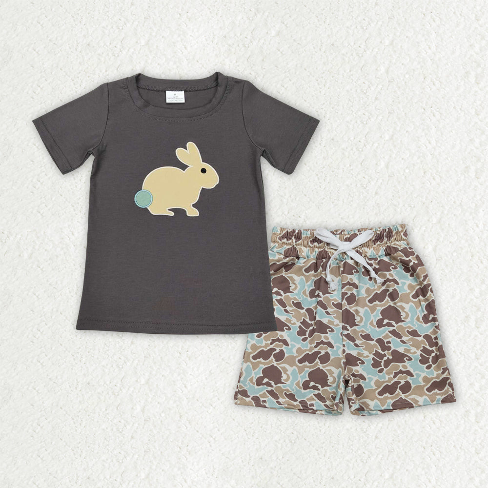 RTS Baby Boys Kids Short Sleeves Embroidery Rabbit Shirt Pockets Pockets Shorts Easter Set