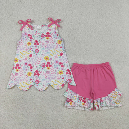 RTS Sibling Baby Girls Kids Bows Flower Scallop Tops Ruffle Shorts Summer Sets Clothes