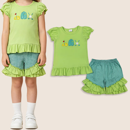 Baby Girls Kids Short Sleeves Embroidery Golf Shirt Green Checked Ruffle Shorts Clothes Set