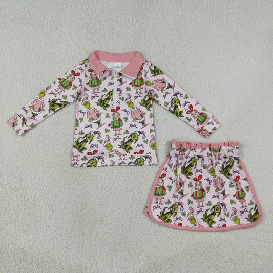 Baby Girls Kids Christmas Face Zipper Pullover Skirt Shorts Pink Set Clothes
