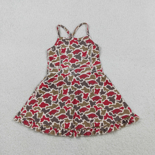 RTS Baby Girls Kids Straps Pigs Camo Print Team Yoga Ruffle Knee Length Dress