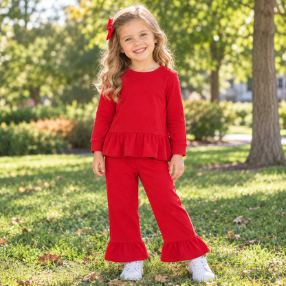 Baby Girls Kids Long Sleeves Ruffle Tops Pants Red Set Cotton Clothes