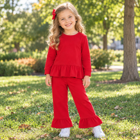 Baby Girls Kids Long Sleeves Ruffle Tops Pants Red Set Cotton Clothes