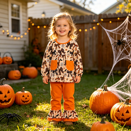 Baby Girls Kids Bows Flower Candy Pockets Tunic Ruffle Pants Halloween Set Clothes