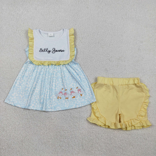 RTS Baby Girls Embroidery Goose Bows Floral Tunic Yellow Ruffle Shorts Clothes Set