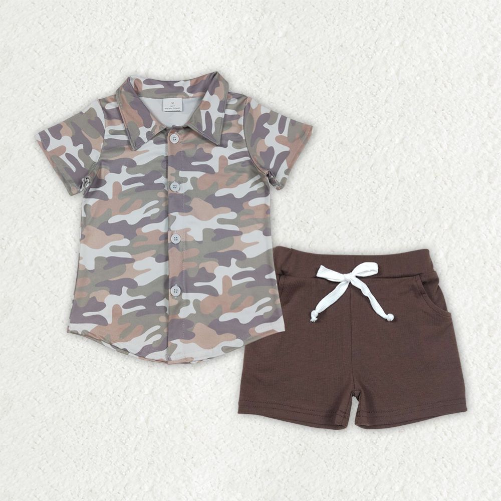 Baby Boys Kids Camo Short Sleeves Buttons Shirt Brown Pockets Shorts Clothes Set