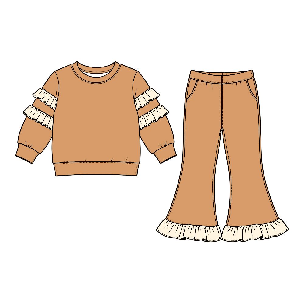 Moq 5 Preorder Baby Girls Kids Ruffle Long Sleeves Shirt Pockets Pants Cotton Set Khaki Clothes