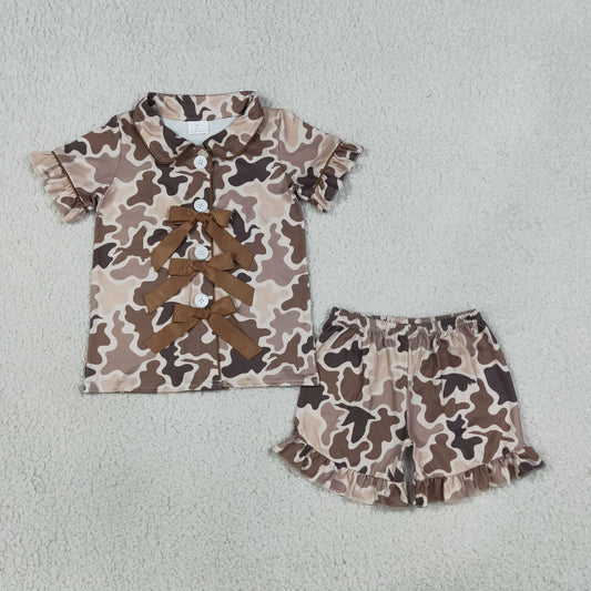 Baby Girls Kids Brown Camo Ducks Bows Buttons Shirt Ruffle Shorts Hunting Pajamas Set
