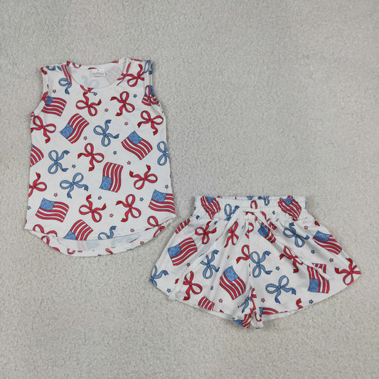 Baby Girls Kids Sleeveless Tops Bows Stars Flags Shorts Set 4th of July Clothes