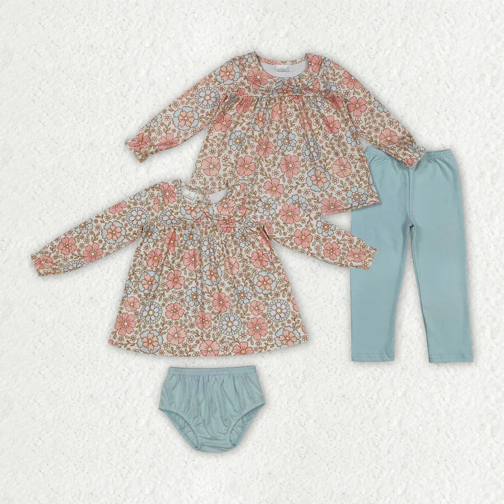 RTS Sibling Baby Girls Kids Long Sleeves Flower Bubble Romper Set Clothes