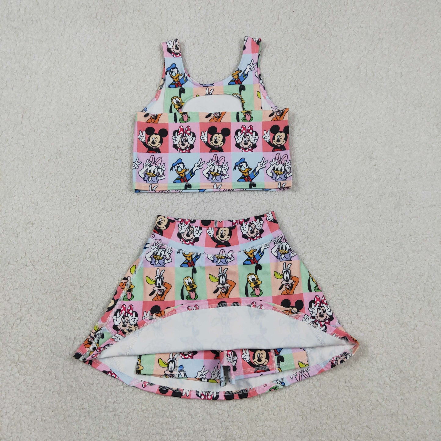 RTS Baby Girls Kids Sleeveless Cartoon Tops Shorts Skirt Yoga Active Colorful Set